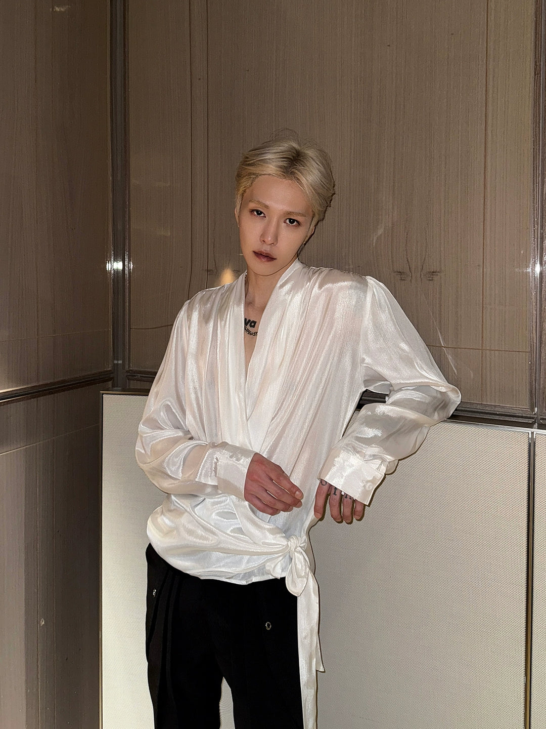 Satin Chiffon V-Neck Wrap Shirt