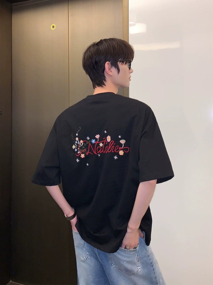 Bloemige Borduursel Losse Pasvorm Korte Mouwen T-shirt