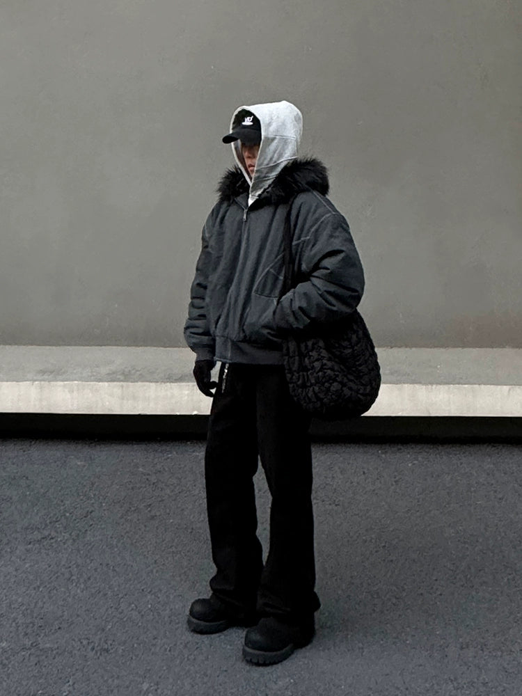 Hooded Bomber Jacket with Fur Collar