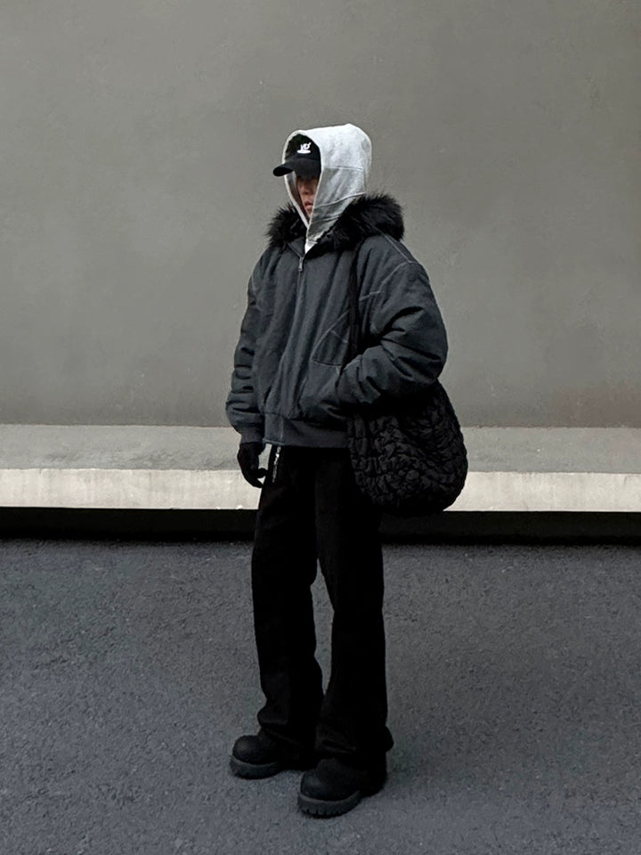 Hooded Bomber Jacket with Fur Collar