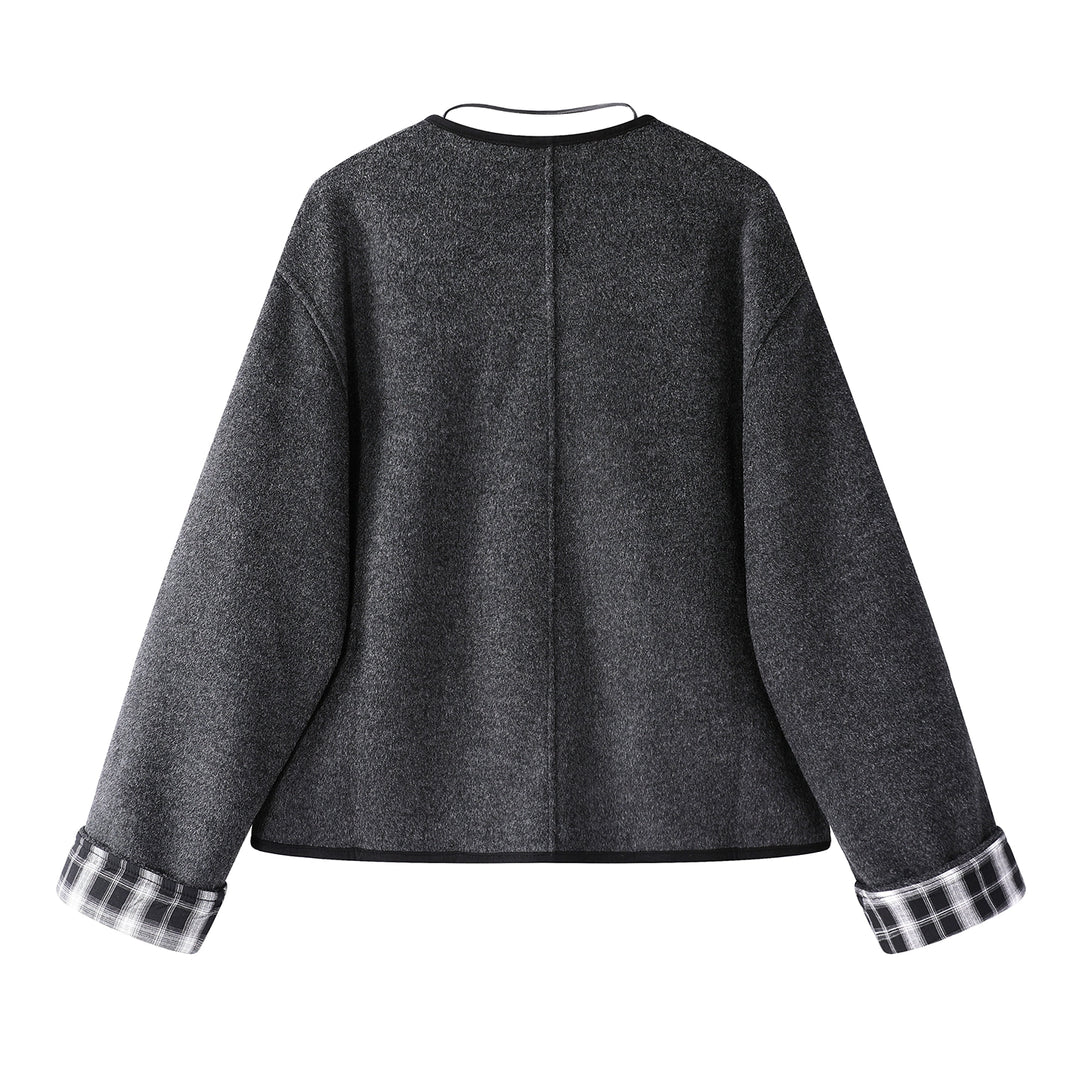 Plaid Cuff Wool Short Coat
