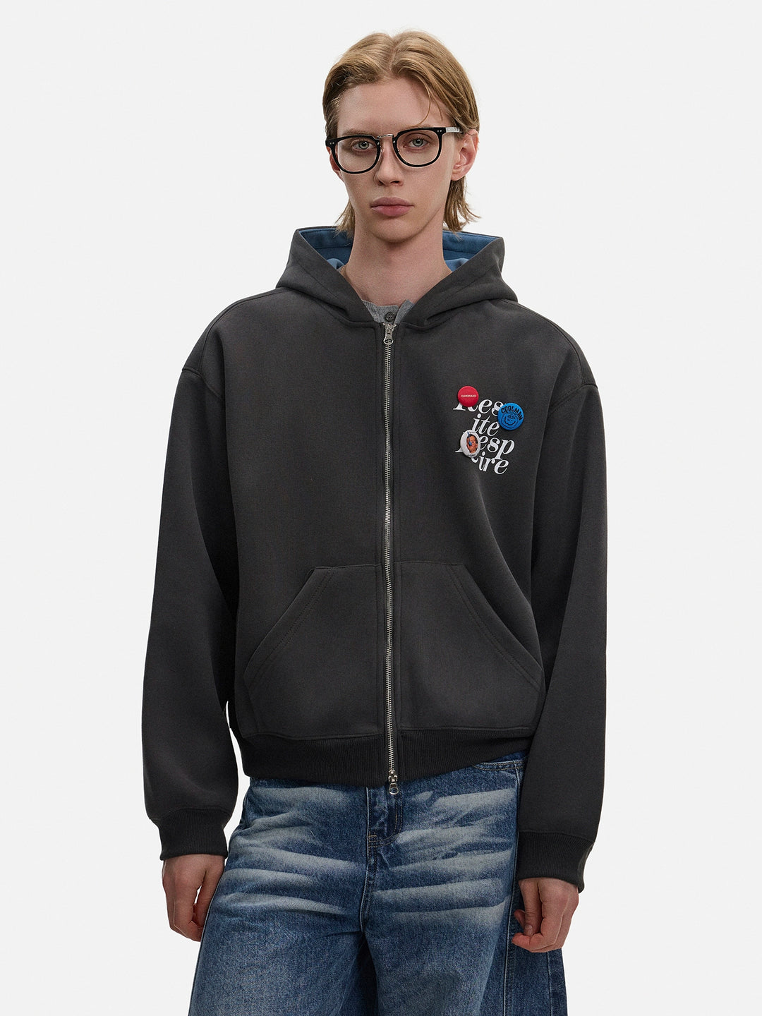 Retro dobbelt lynlås hætte sweatshirt cardigan