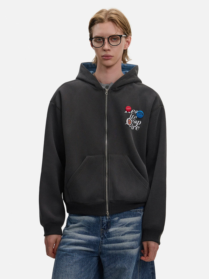 Retro dobbelt lynlås hætte sweatshirt cardigan