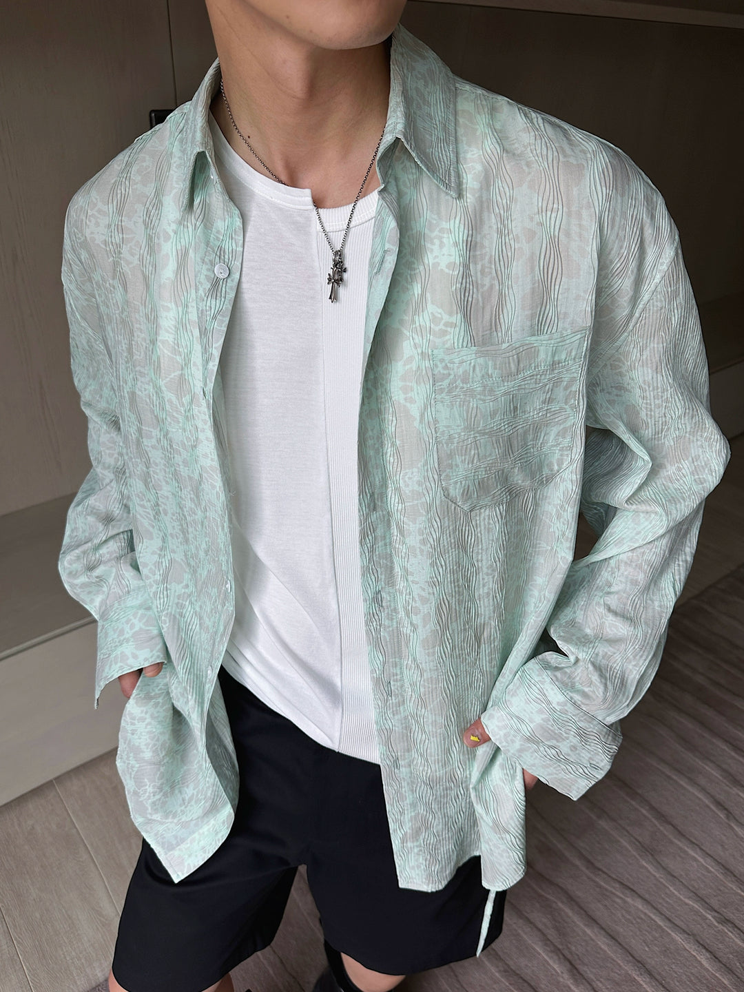 Lace Long-Sleeve Casual Button-Up Shirt