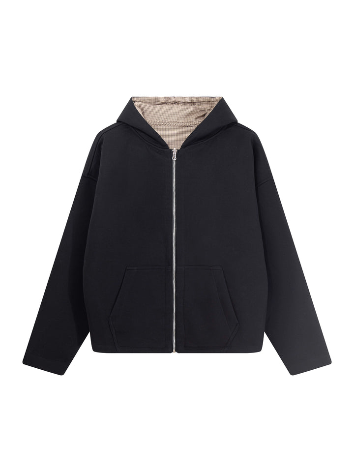 Cardigan à capuche zippé réversible à motif pied-de-poule
