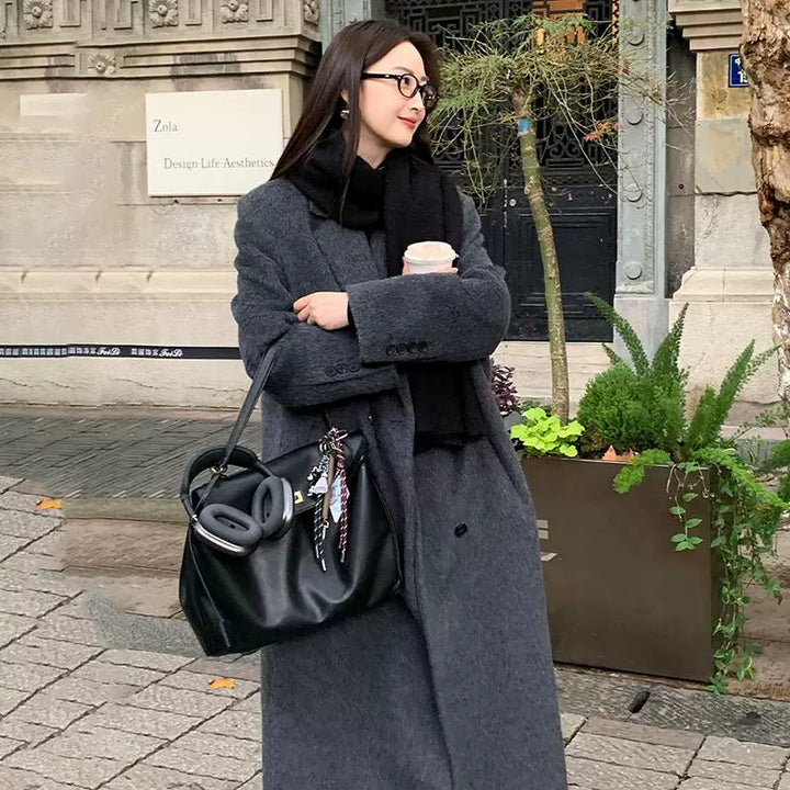 Long Wool Tweed Straight Shoulder Coat