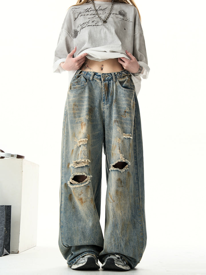Ripped Wide-Leg Loose Fit Jeans
