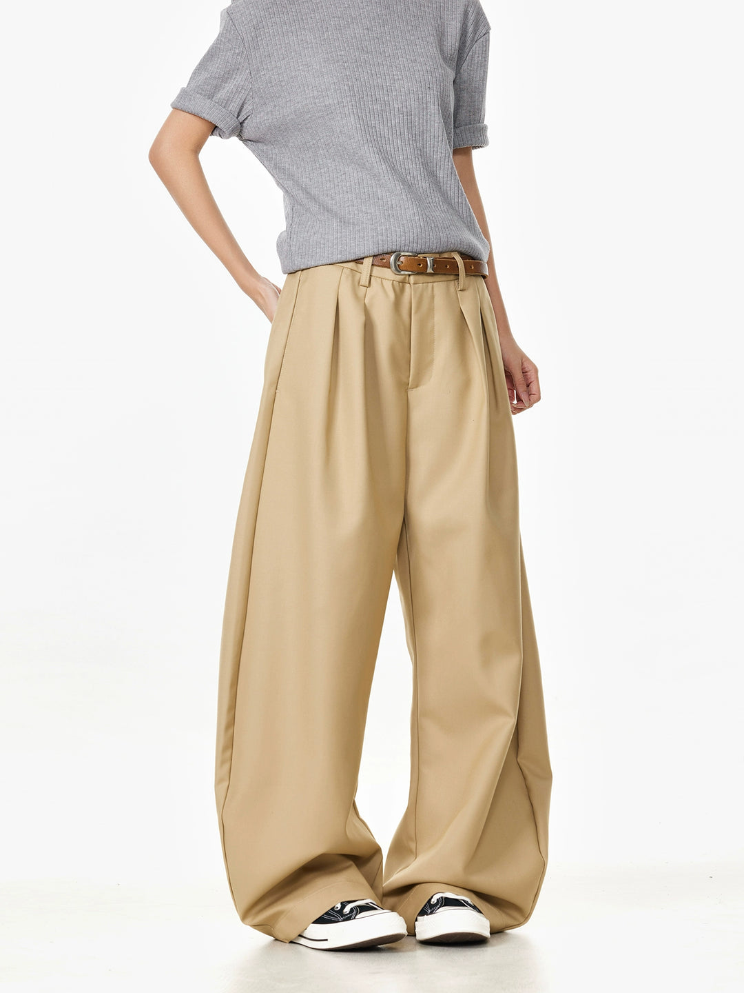 Khaki Wide-Leg Casual Pants