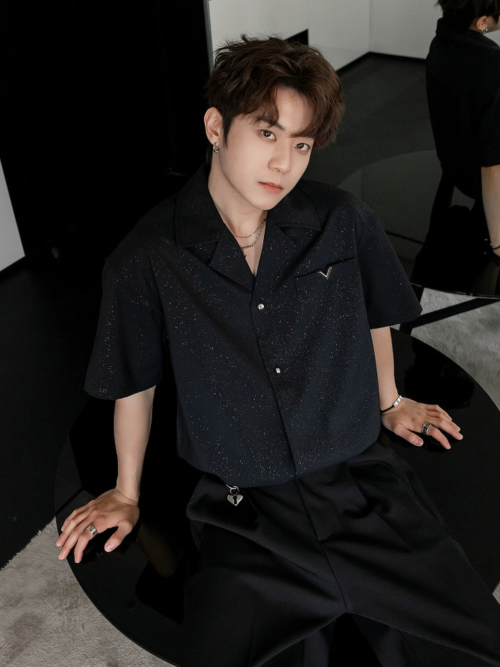 Sequined Cuban Collar Short Sleeve Shirt