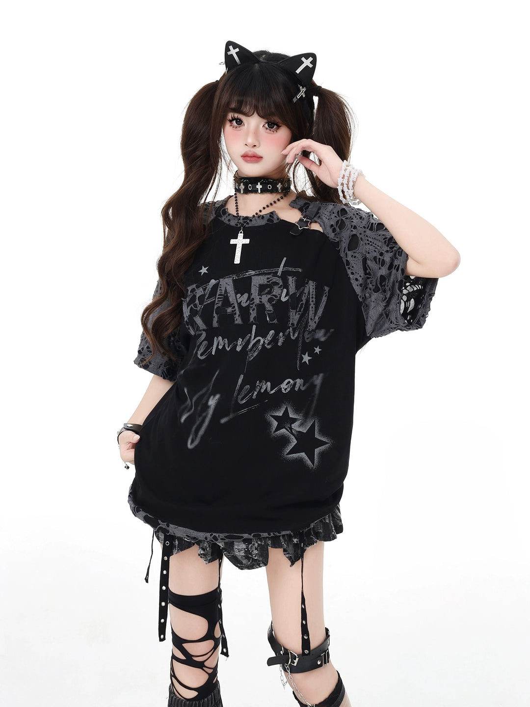 Star Patch Lace Sleeve Oversized T-Shirt