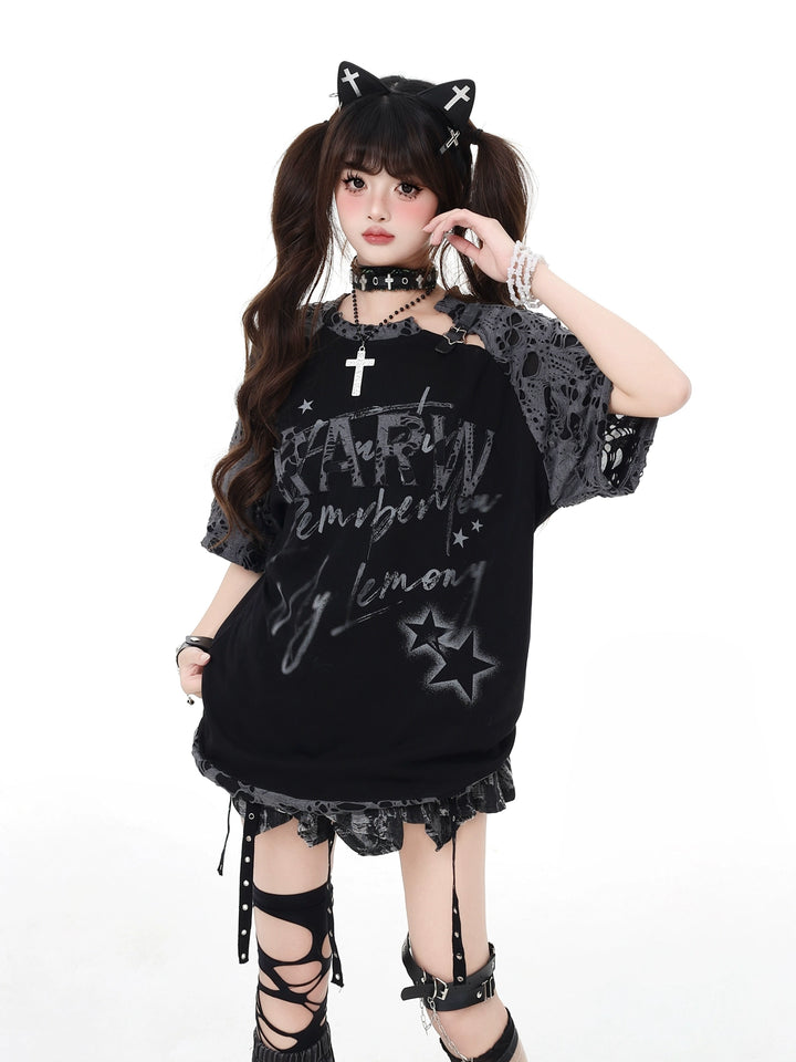 Star Patch Lace Sleeve Oversized T-Shirt