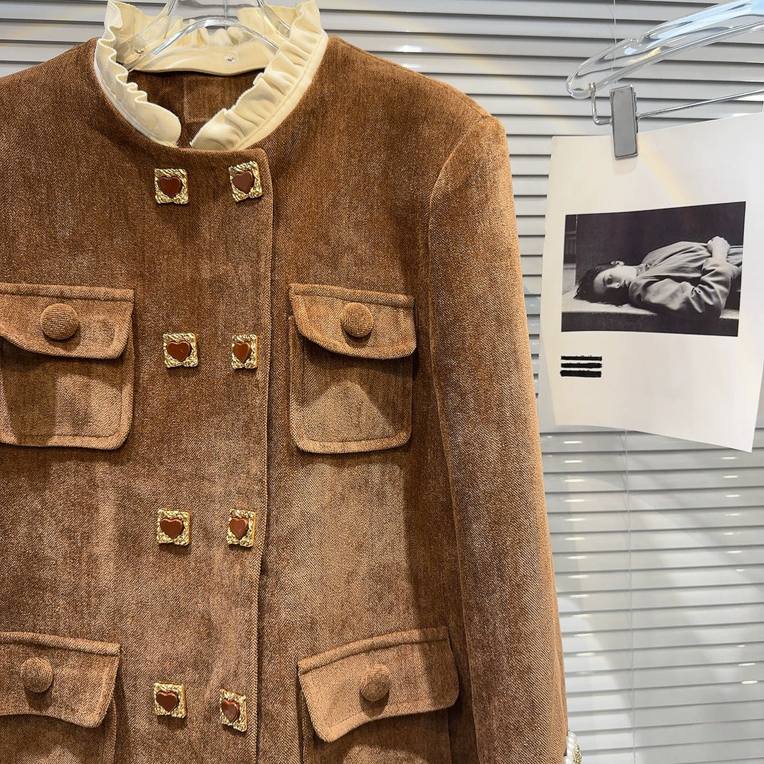 Pearl Cuff Lace Collar Plush Coat