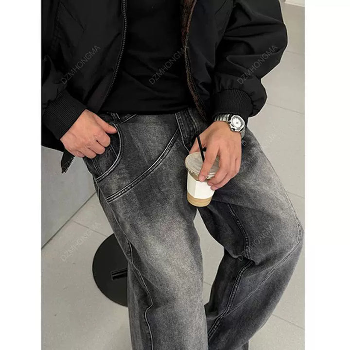 Losse Pas Diagonaal Gestikte Denim Broek
