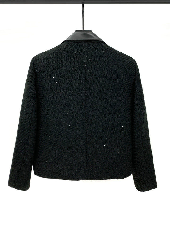 Sequin Decoration Leather Collar Jacket