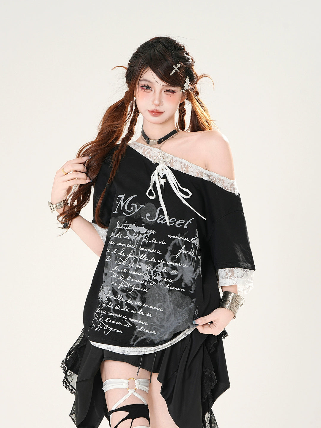 Off Shoulder Lace Trim Short Sleeve T-shirt