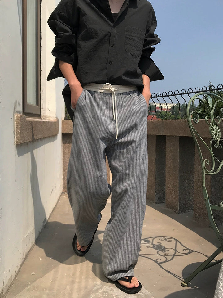 Striped Elastic Waist Drawstring Casual Pants