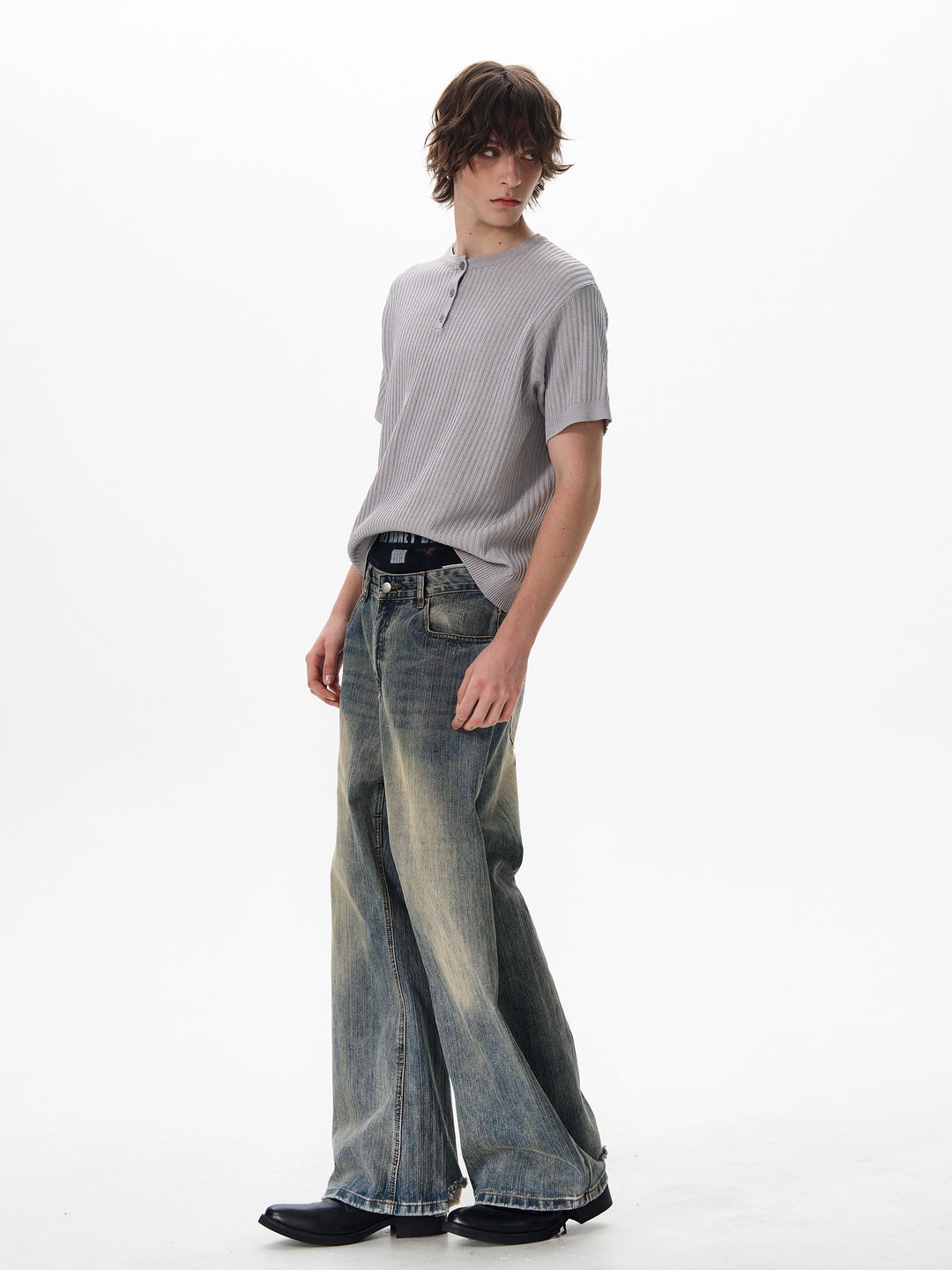 Textured Henley Collar Short Sleeve Pullover