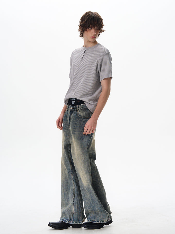 Textured Henley Collar Short Sleeve Pullover