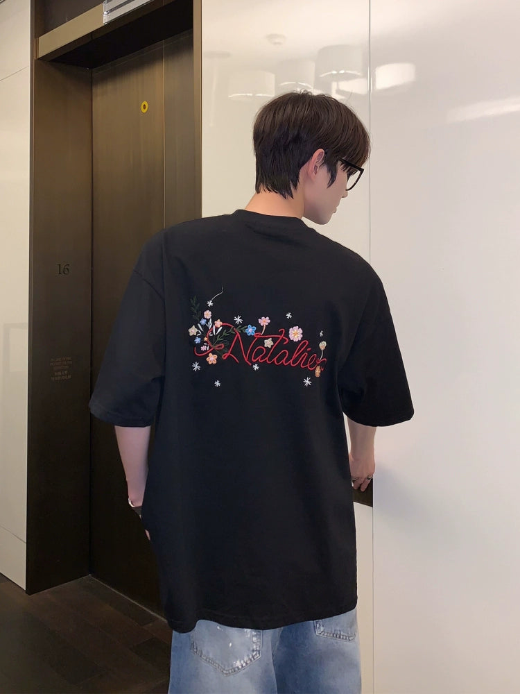 Bloemige Borduursel Losse Pasvorm Korte Mouwen T-shirt