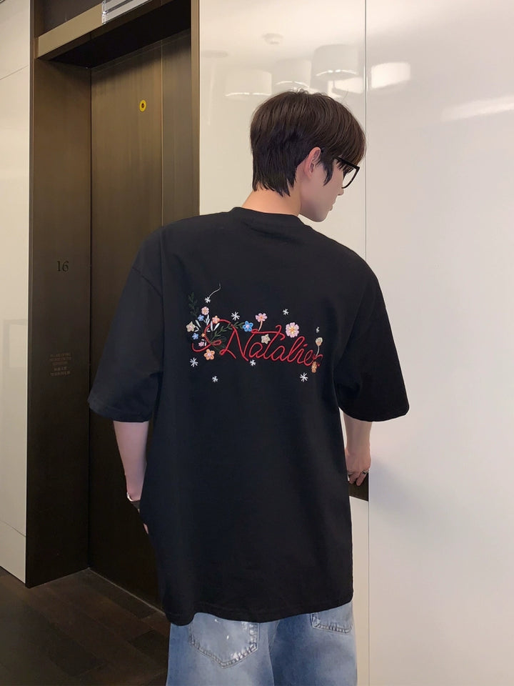 Bloemige Borduursel Losse Pasvorm Korte Mouwen T-shirt