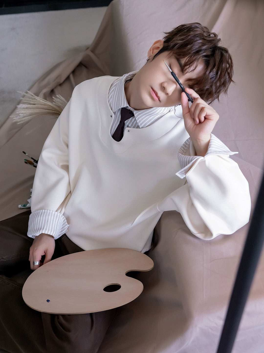 Striped Shirt Collar Layered Sweatshirt