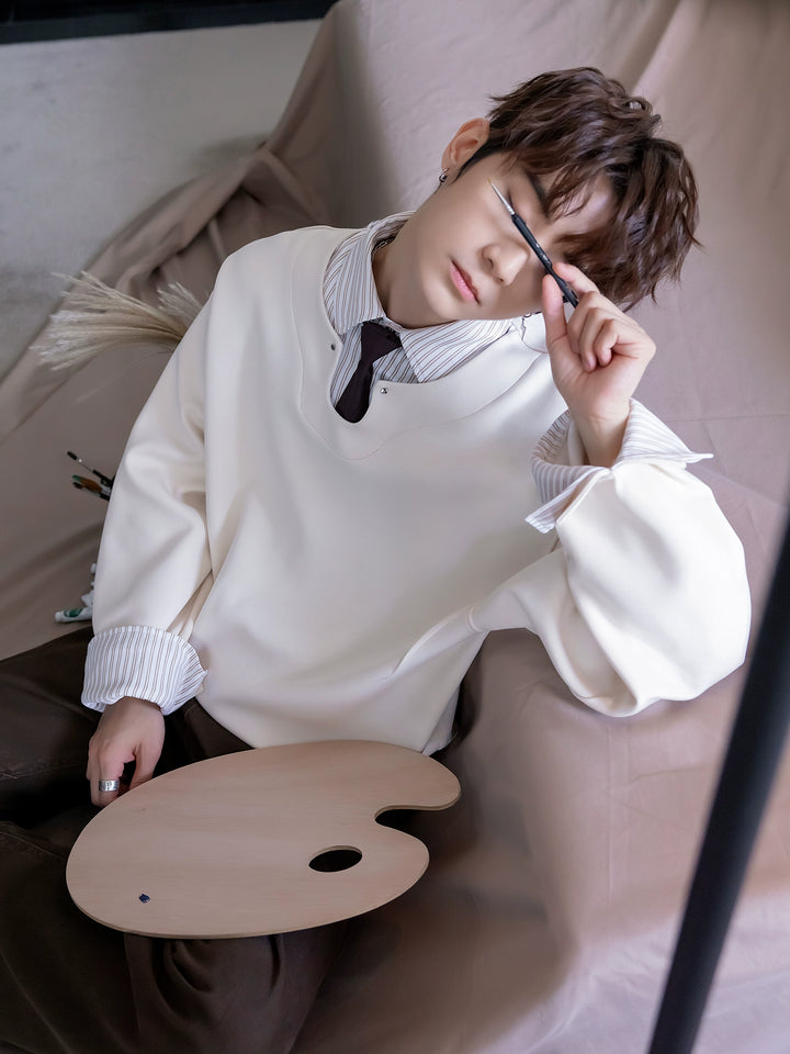 Striped Shirt Collar Layered Sweatshirt