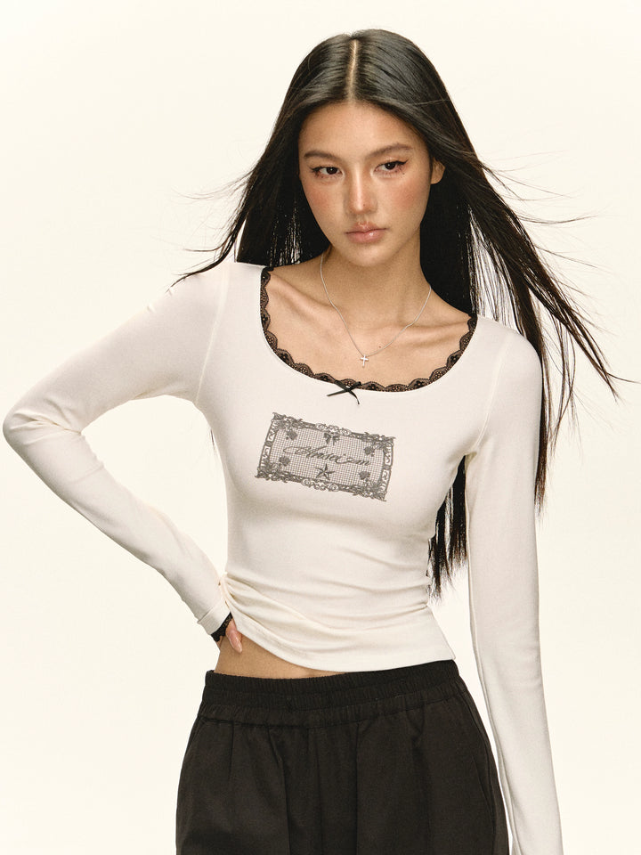 Lace Trim Long Sleeve Turtleneck Top