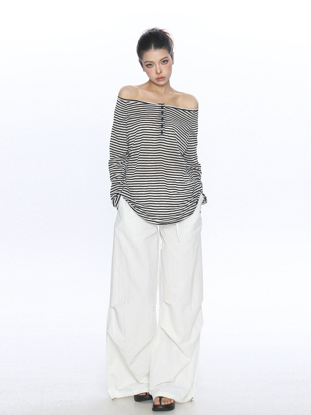 Gestreepte Off Shoulder Lange Mouw Top