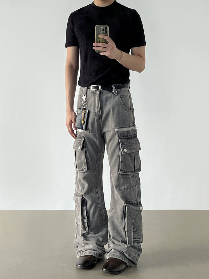Denim Weite Beinform Mehrfachtaschen Cargo-Hose
