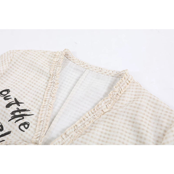 Plaid Tie-Front Printed Long Sleeve Shirt