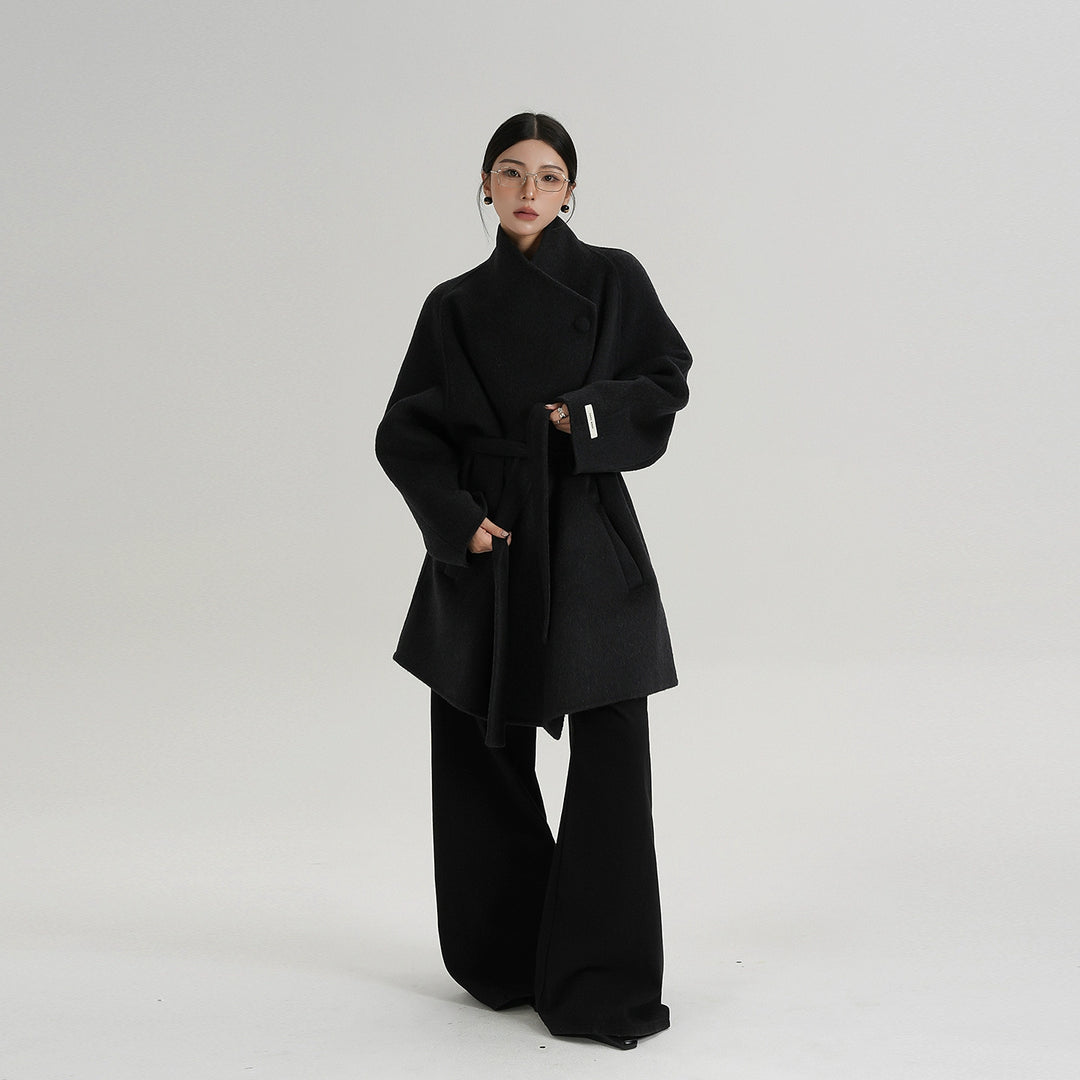 Mid-Length Wool Coat with Oblique Collar