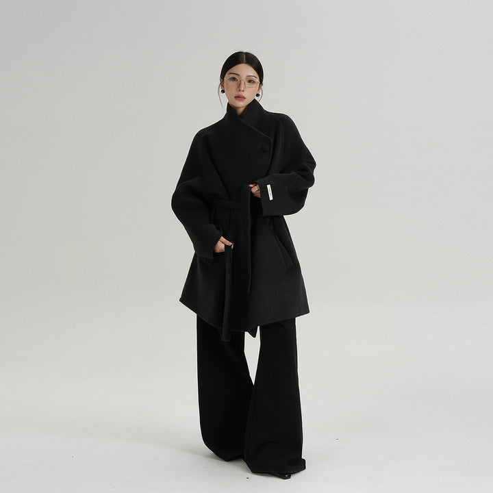 Mid-Length Wool Coat with Oblique Collar