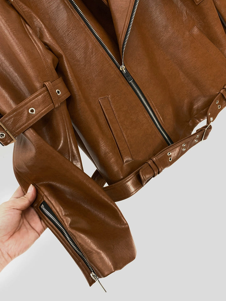 PU Leather Motorcycle Jacket with Studded Details