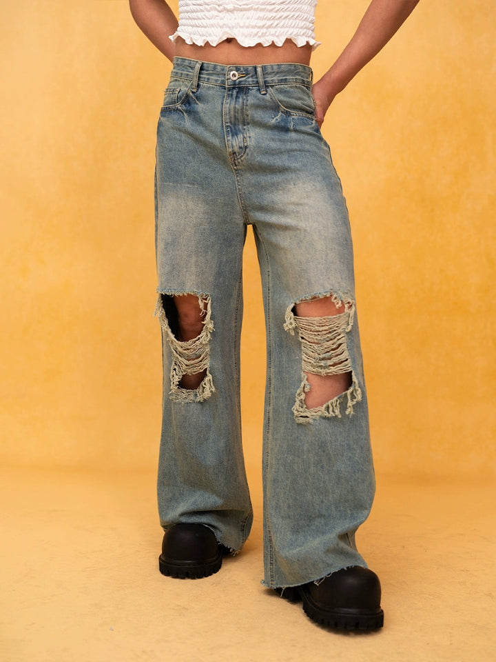 Ripped Wide-Leg Loose Fit Jeans