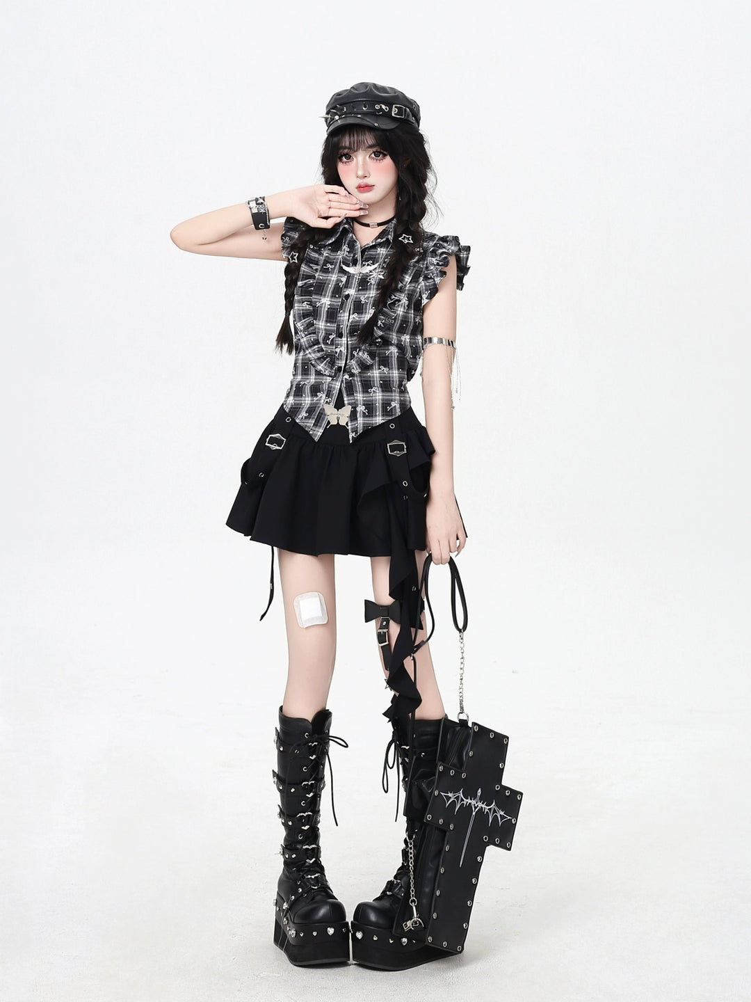 Plaid Ruffle Hollow Strap Short Sleeve Shirt