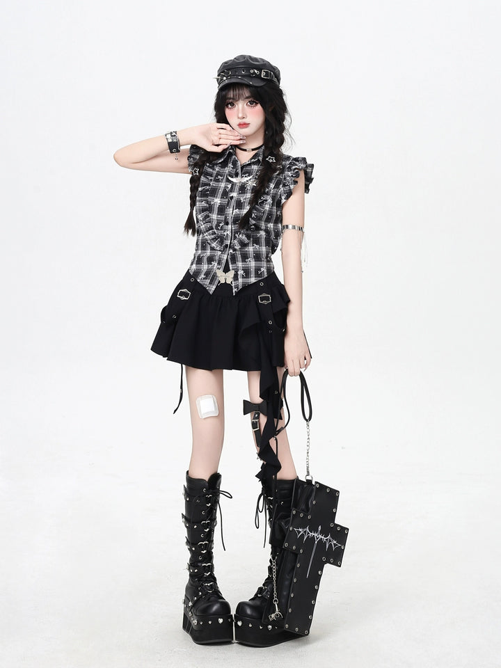 Plaid Ruffle Hollow Strap Short Sleeve Shirt