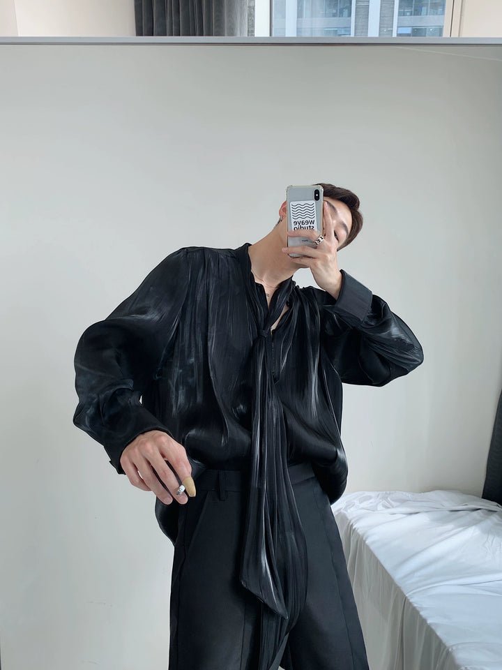 Pleated Silk Ribbon Long Sleeve Shirt