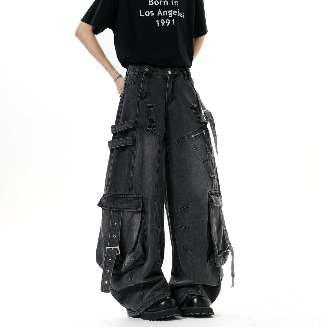 Spodnie dżinsowe cargo z szerokimi nogawkami i wieloma kieszeniami