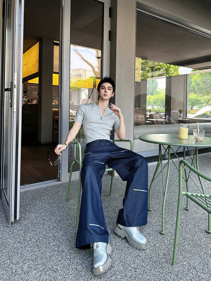 Loose Straight Wide-Leg Zipper Jeans