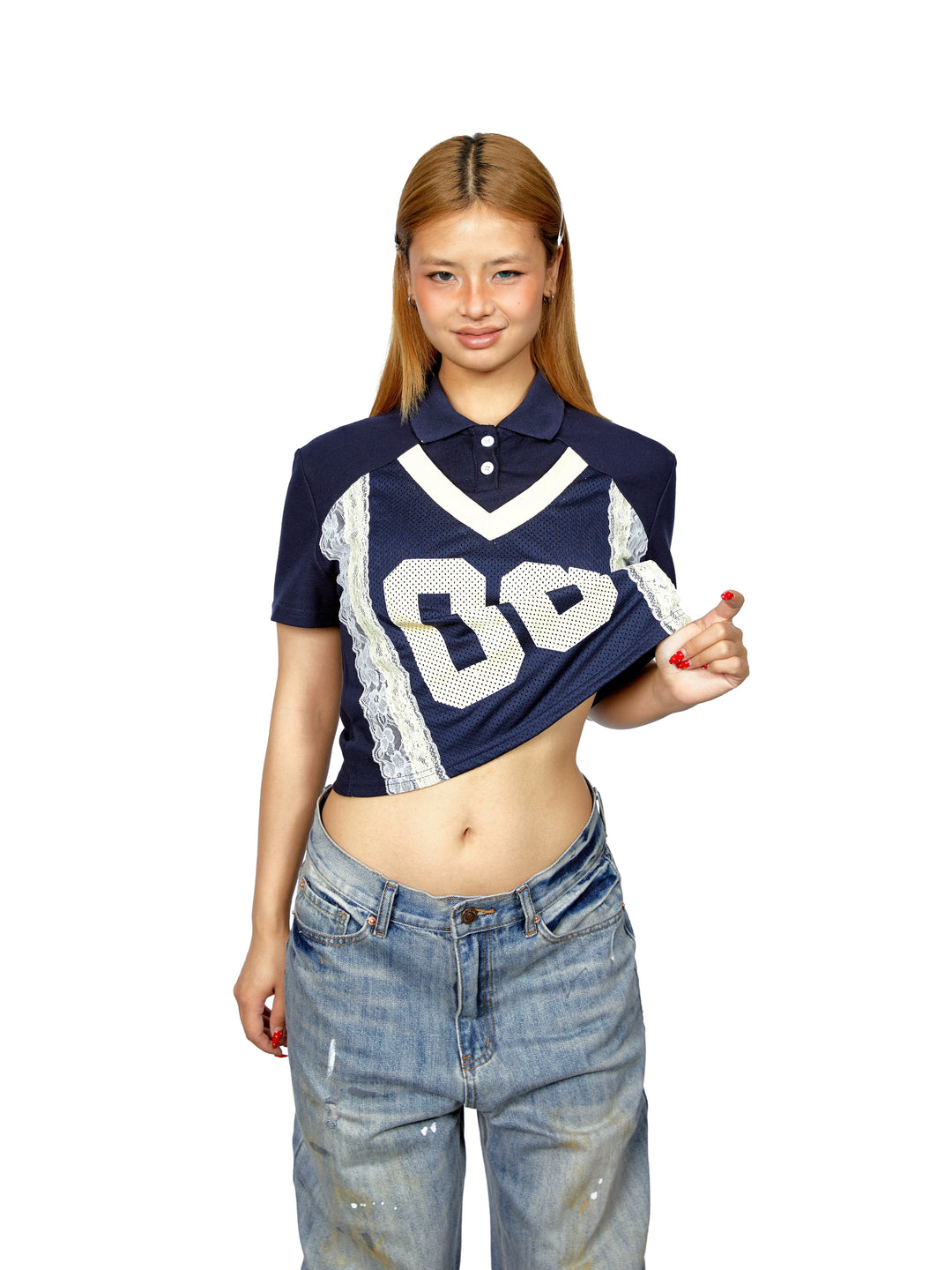 Polo Collar Lace Mesh Jersey Top