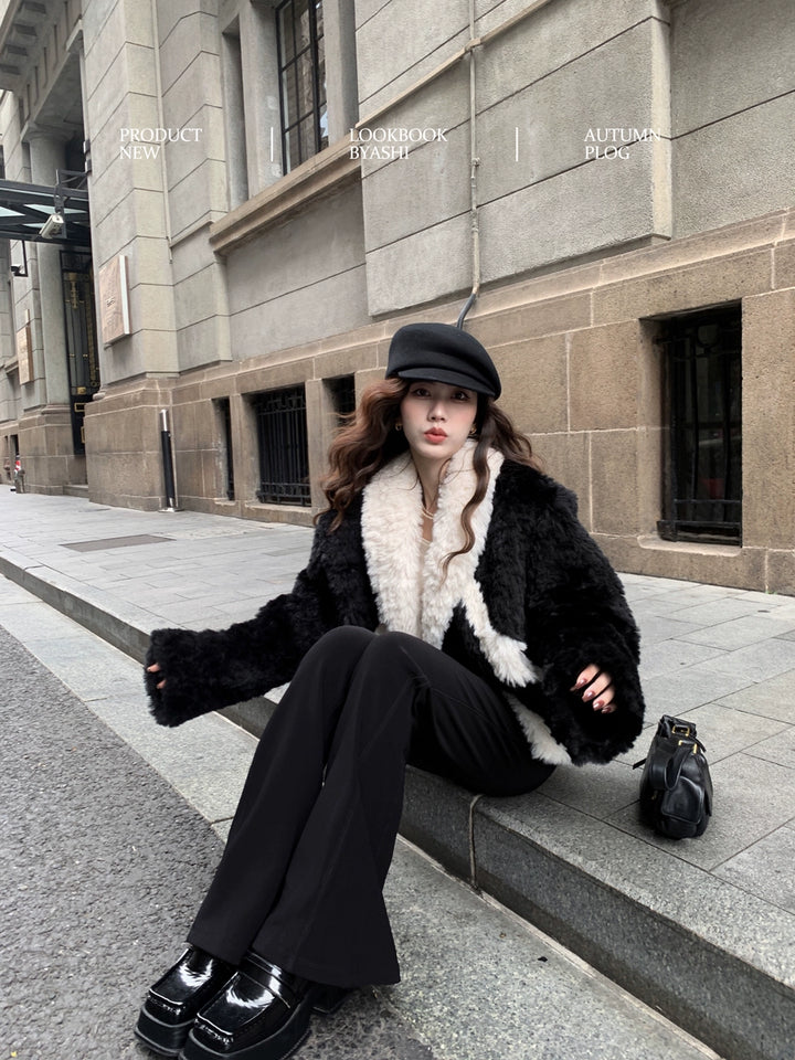 V-Neck Contrast Faux Fur Winter Coat