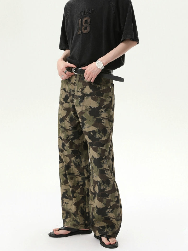 Pantalons droits amples camouflage rétro