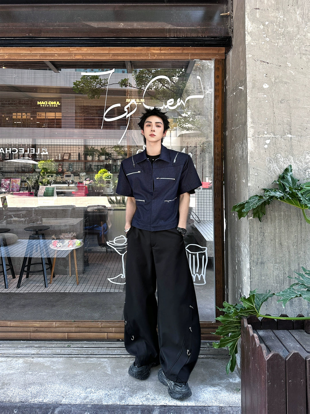 Short Sleeve Zipper Lapel Denim Jacket