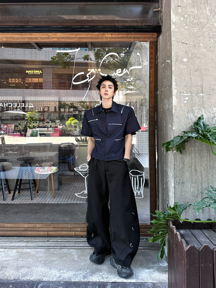 Short Sleeve Zipper Lapel Denim Jacket