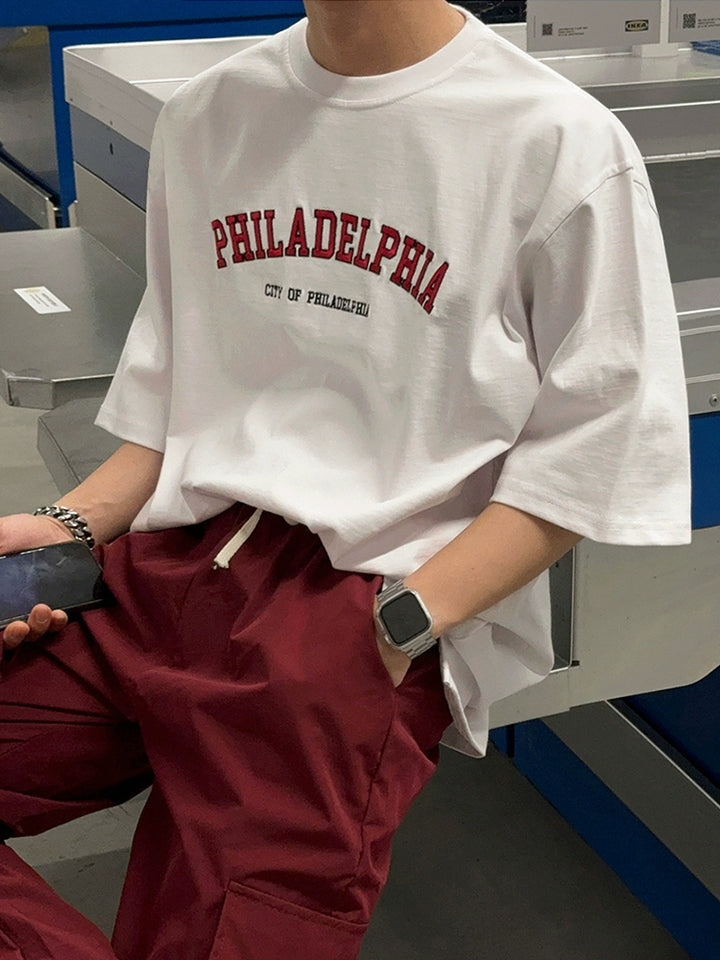 文字プリントコットンラウンドネックTシャツ