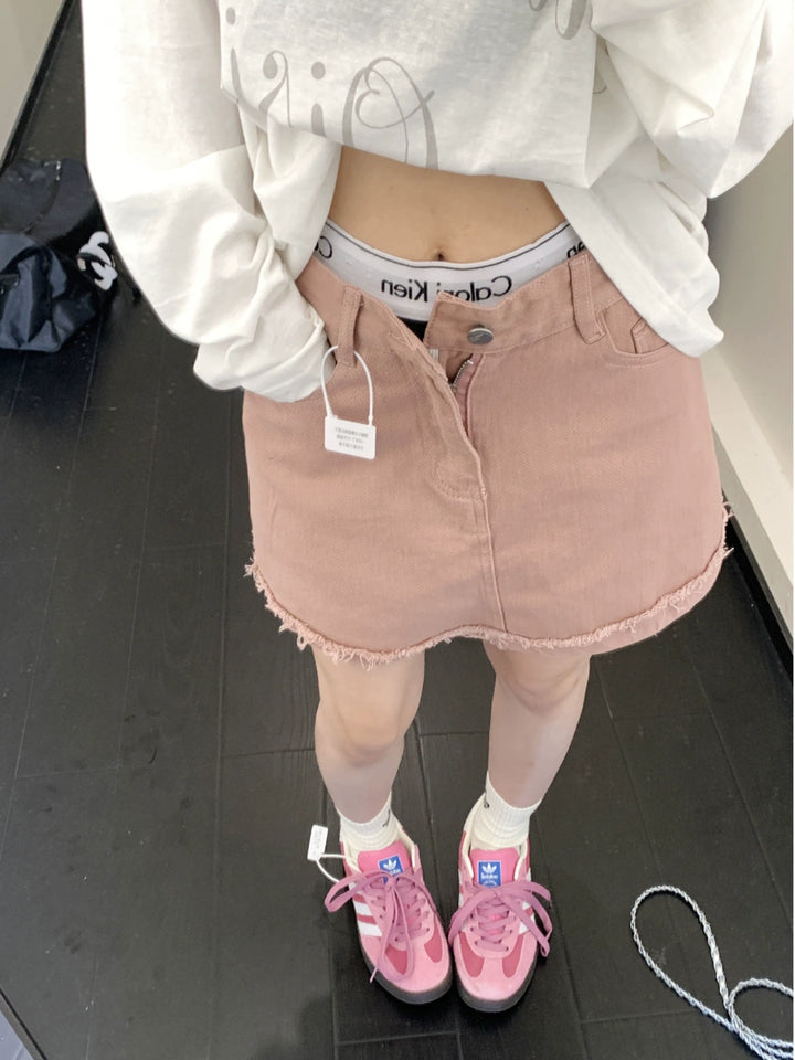 A-line Denim Skirt with Raw Hem