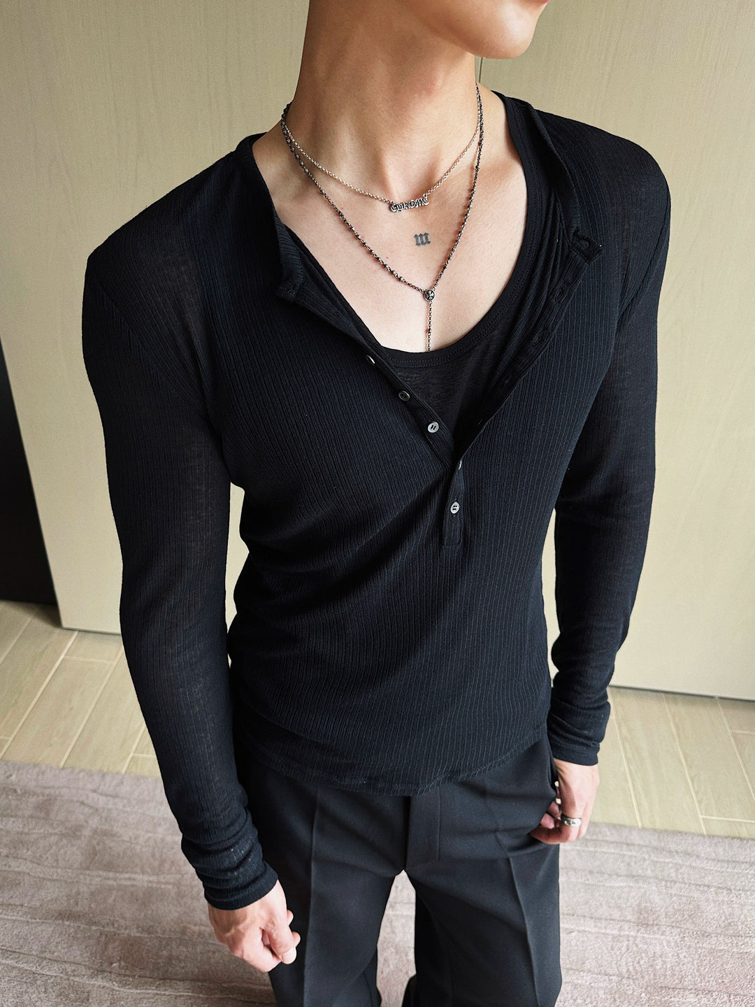 Slim Fit V-Neck Long Sleeve Polo Shirt