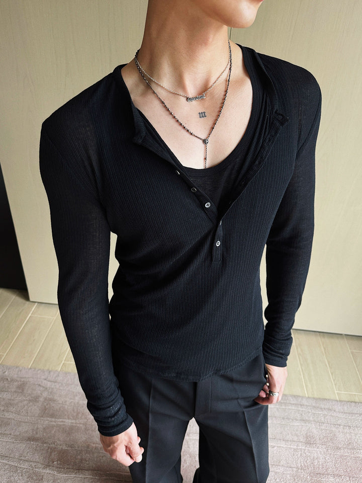 Slim Fit V-Neck Long Sleeve Polo Shirt