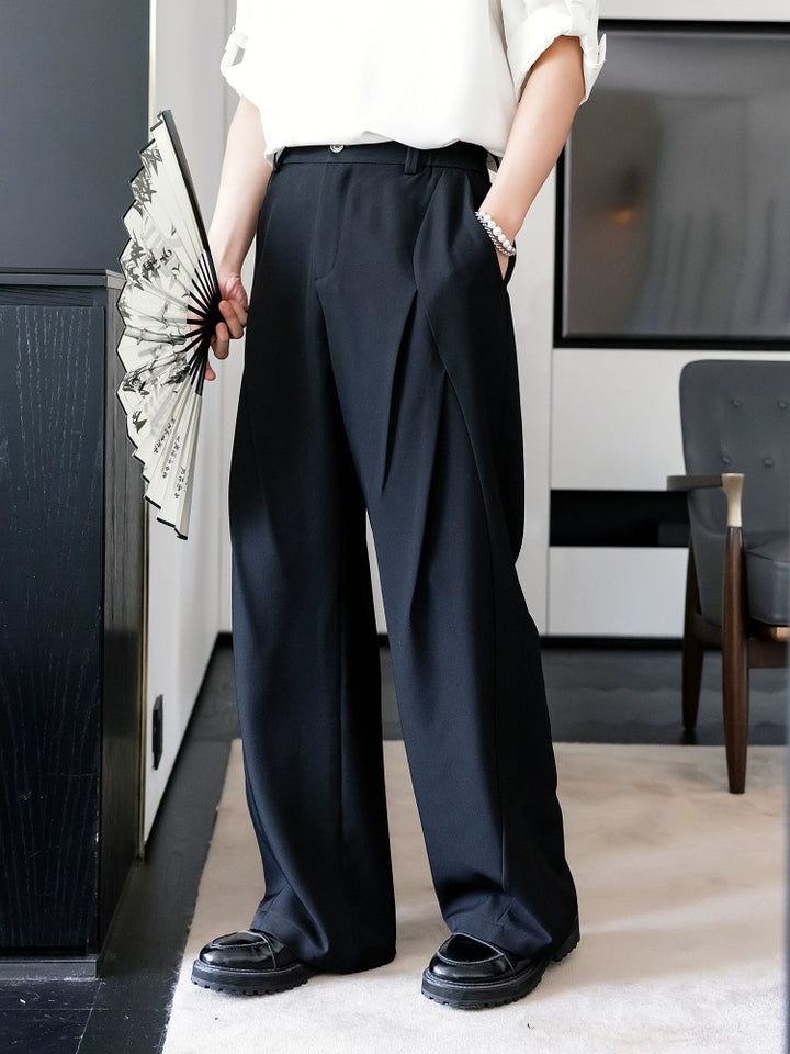 Wide-Leg Straight Pleated Pants