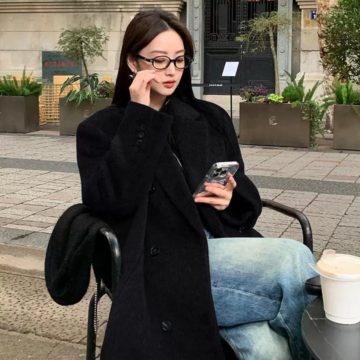 Long Wool Tweed Straight Shoulder Coat